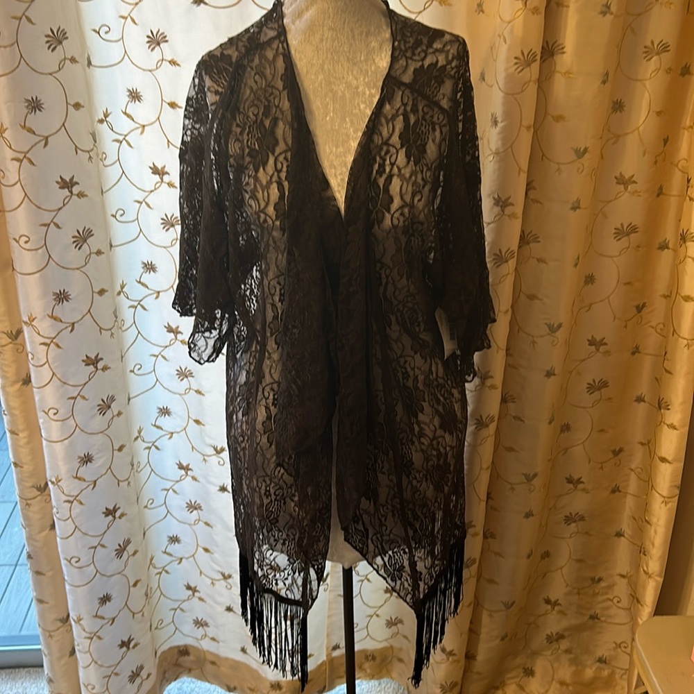 NWT Black Lace Fringe Kimono Top - Women